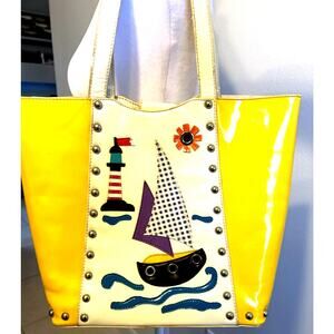 VTG Braccialini TUA Tote Bag Nautical Studded Ocean Sea Boats Beach Lighthouse
